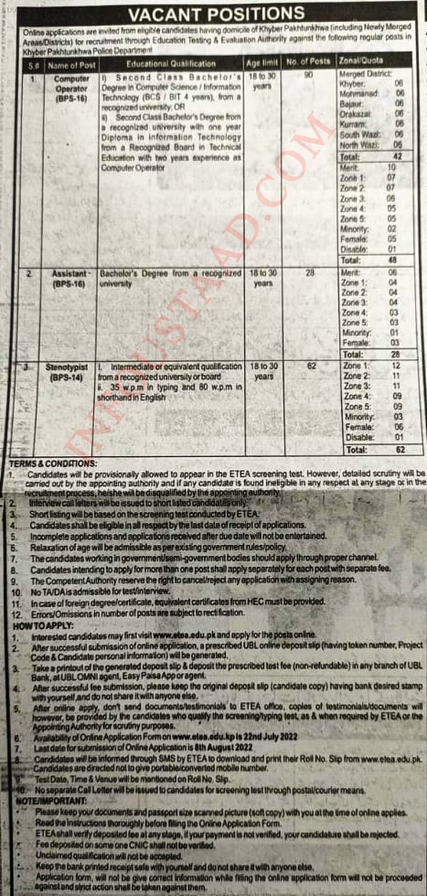 KPK Police Jobs 2022 for Computer Operator Assistant and Stenotypist apply online